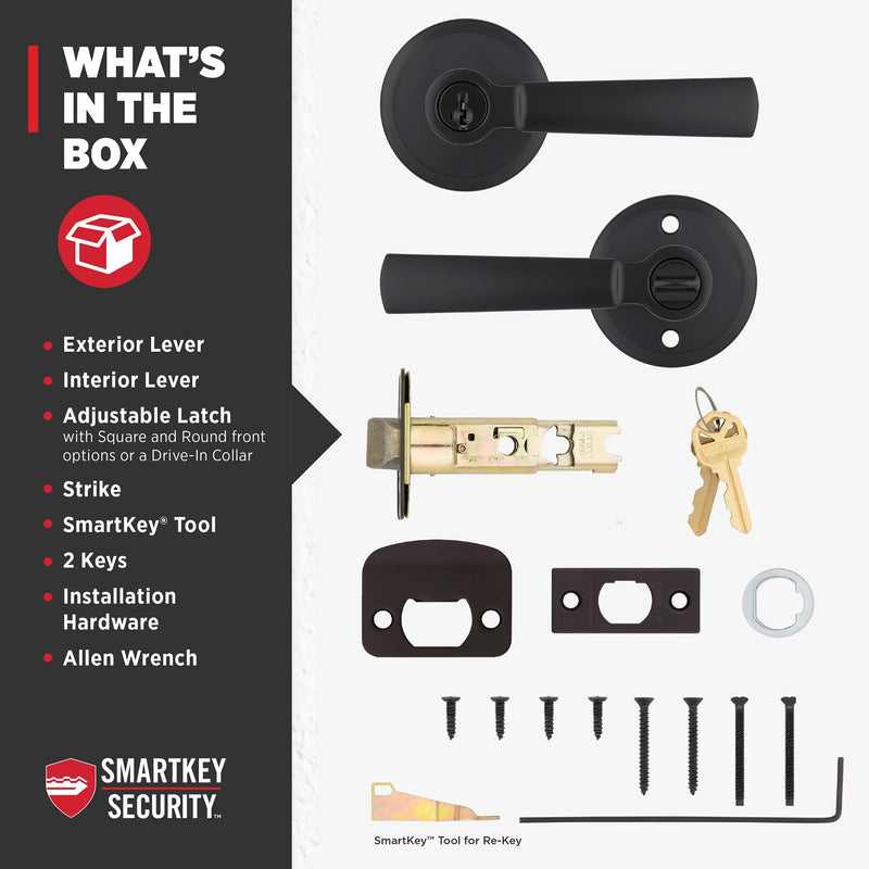 Kwikset Perth Entry Door Handle with Lock and Key, Secure Keyed Reversible Lever Exterior, for Front Entrance and Bedrooms, Matte Black, Pick Resistant Smartkey Rekey Security and Microban