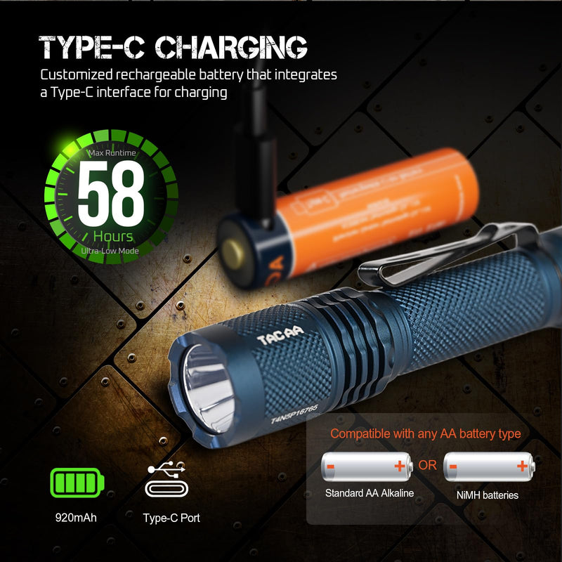 ACEBEAM TAC AA 2.0 Longest-Range AA Flashlight 360 Meters, 900 High Lumens Tactical EDC Flashlight Rechargeable, 6 Modes Pocket LED Super Bright Small Mini Flashlight for Camping, Home(SFT-25R HI) Blue 6500K-900 Lumens 360 Meters