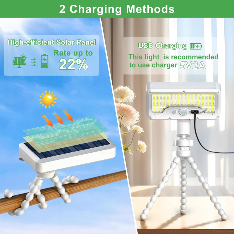 Tryme Solar Lights Outdoor with Motion Sensor, USB & Solar Powered, Adjustable Angle, 3 Modes, Octopus Stand, IP65 Waterproof Fence Lights for Garden, Gate (2 Pack) White 2 PACK