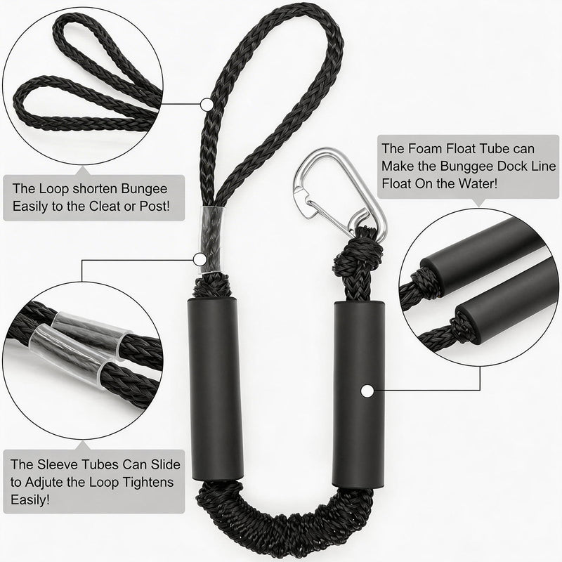 2FT Black Bungee Dock Lines for Boats, 2 Pc Heavy Duty Shock Absorbing Boat Dock Lines with 316 Stainless Steel Clips, Marine Grade Elastic Mooring Rope for Jet Ski, PWC, Kayak, Small Boat Accessories
