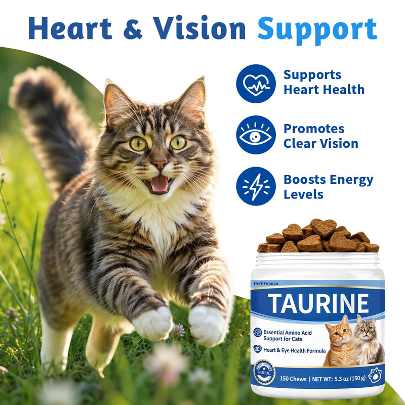Taurine for Cats Supplement, Pure Cat Taurine Supplement for Heart & Eye Health Support, Immune Boost & Vitality - High Potency 200mg per Tablet - 150 Soft Chewable Delicious Natural Chicken Flavor