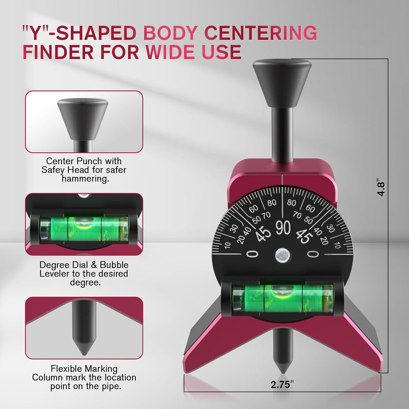 Pipe Center Finder, Pipefitter Tools w/Magnetic Centering Head, Pipe Fitting Tools Center Finder to Measure Pipe Diameter from 1-1/2" to 6" Diameter, 2.75" Y-Shape w/Adjustable Dial Bubble Protractor