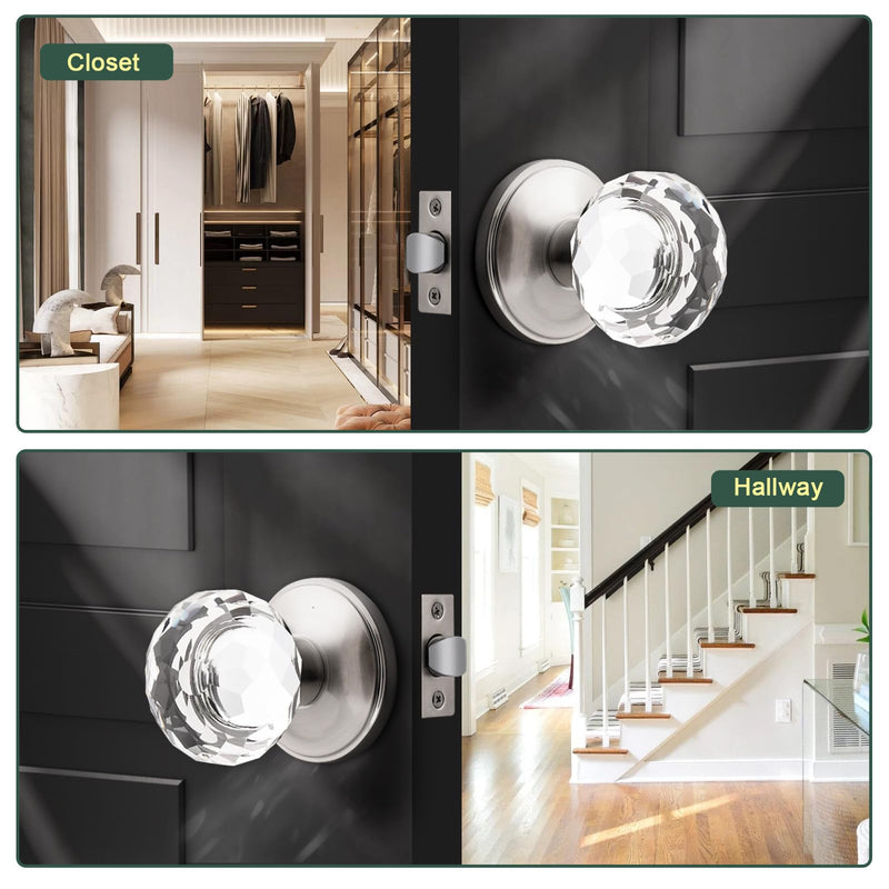 2 Pack Crystal Door Knobs Interior, Elegant Satin Nickel Closet Door Knob, Keyless Glass Door Knobs for Hallways and Laundry Rooms 2