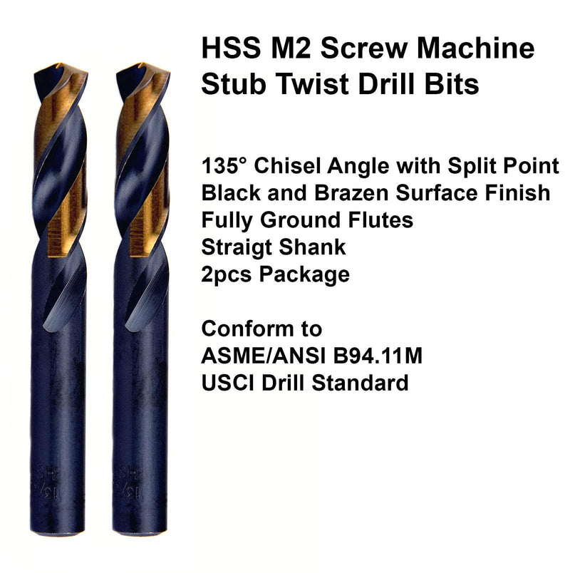 MAXTOOL 1/2" 2pcs Identical Screw Machine Drills HSS M2 Twist Stub Drill Bits Black & Bronze Fully Ground Straight Shank Short Drills; SMF02H10R32P2