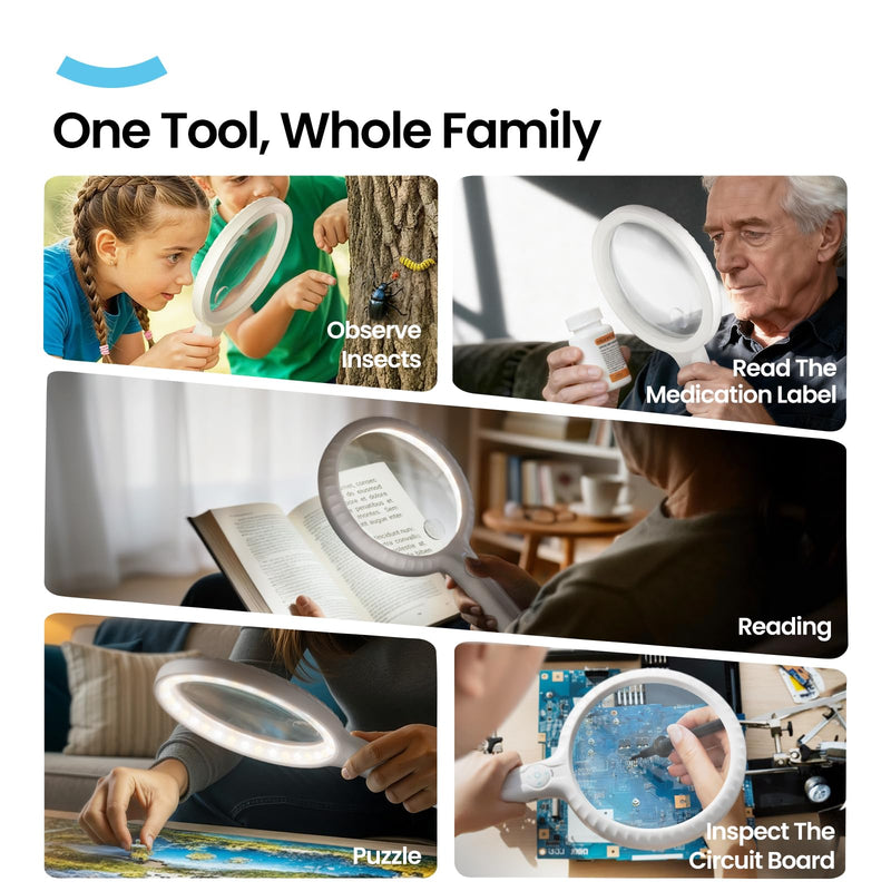 ARTDOT Large Handheld Magnifying Glass for Reading and Close Work, Adjustable Brightness Magnifier as Gifts for Seniors, Grandma, Grandpa