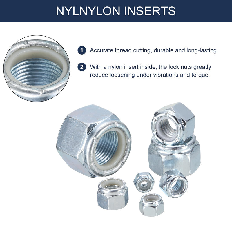 uxcell 8Pcs 9/16"-18 Nylon Insert Hex Lock Nuts, Carbon Steel Self-Locking Nylon Insert Stop Nut for Industrial Construction Fasteners, White&White 8