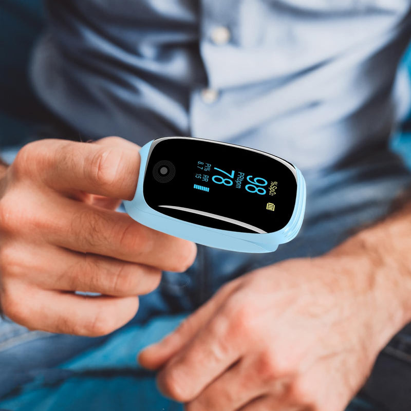 Fingertip Pulse Oximeter, Ox with Respiration Rate Monitoring, Heart Rate, PI & RR Measurements, Fast Spo2 Reading Rechargeable Blood Oxygen Monitor with OLED Display, 6 View Modes & 4-Direction Rotation(Blue）