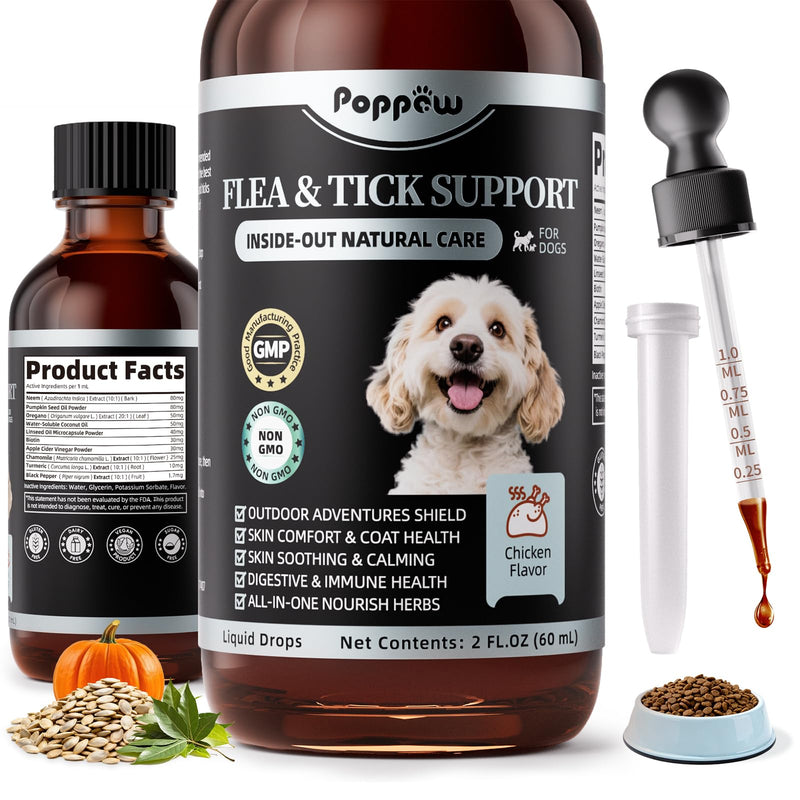 Flea and Tick Prevention Support for Dogs, Natural Flea Treatment Drops with Neem, Oregano for Puppy Oral Flea and Tick Treatment Supplement for All Breeds and Ages - Chicken Flavor, 2 FL.Oz