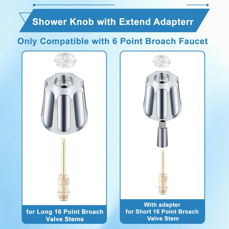 Coolfell 3 Piece Shower Knobs Replacement with 3 Extend Adapter, Compatible with Gerber Bathtub 3 Faucet Handle, 16 Point Broach Shower Handle for Short & Long Valve Stem