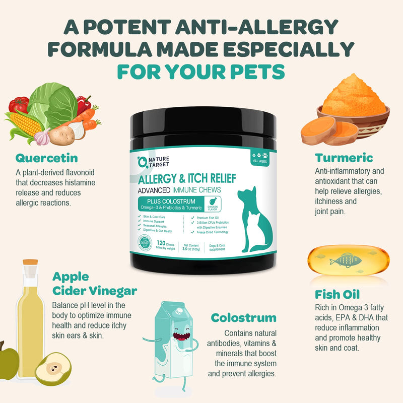 NATURE TARGET Dog Allergy Relief Freeze Dried Chews, with Probiotics, Colostrum for Immune Health, Glucosamine for Dogs, Hip & Joint Supplement