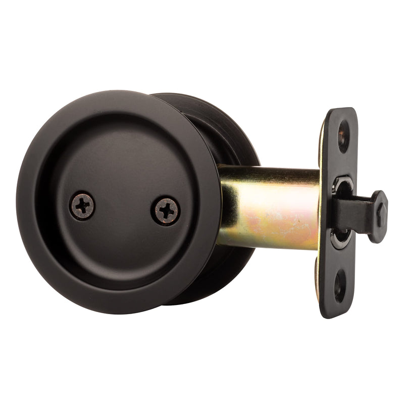 Dynasty Hardware Pocket Door Latch, Round Sliding Handle for Hall or Closet, Non-Locking Passage Pull, Easy Install Pocket Door Hardware, Flat Black Finish, 2-3/8" Backset, Universal Fit