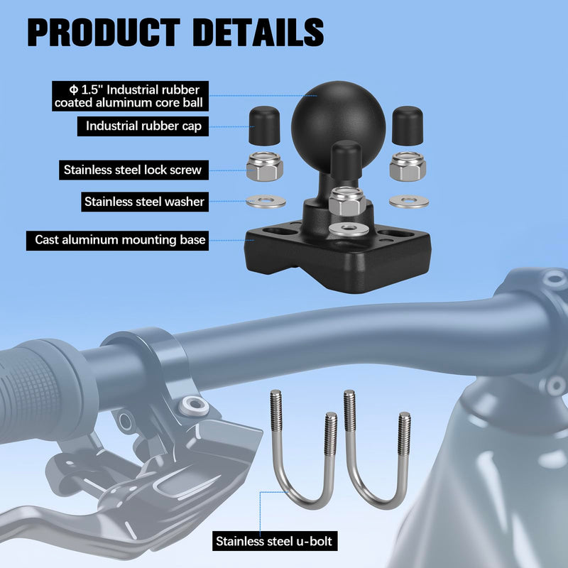Double U Bolt 1.5 inch Ball Mount,Compatible C Size 1.5" Double Socket Arm,Suitable for 0.75" to 1.21" Diameter Round Tube C-1.5'' Ball
