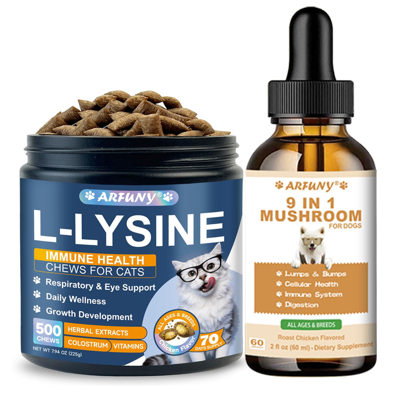 Cat Lysine Chews & Dog Mushroom Drops - for Cat Support Immune Health, Normal Eye Function and Respiratory Health - for Dog Lumps and Bumps Treatment - Digestive, Cellular, Immune Health Support