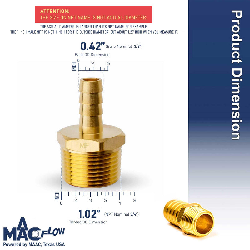 MAACFLOW Brass 3/4" Male NPT to 3/8" Hose ID Barb Barbed Hose Fitting Adaptor Connector (Pack of 1) 3/8" Barb x 3/4" Male NPT Pack of 1