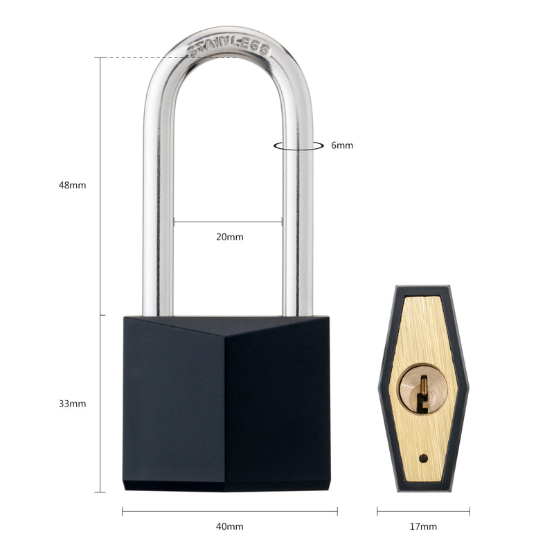 6-Pack Keyed Alike Locks, Black Covered Brass Keyed Padlock with Stainless Steel Long Shackle, 1-9/16 Inch Lock Body, Rustproof Locks for Gate Fence Hasp Cabinet Toolbox Gym or School Locker 6 Pack Long Black