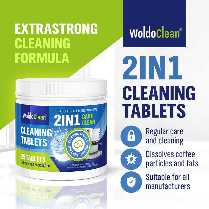 WoldoClean 2-Phase Cleaning Tablets (25 Count, 3.5g) - Compatible with Jura Automatic Coffee Machines E8, S8, Z10, J8, ENA & GIGA, Blue & White Formula, Cleans & Seals, Individually Sealed