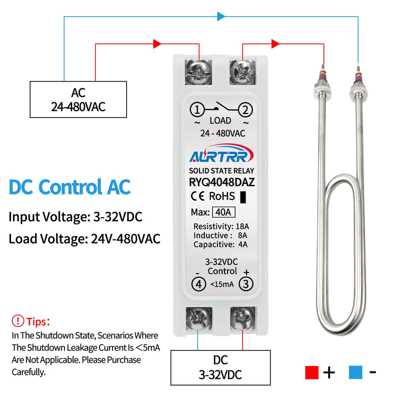 Solid State Relay 40a din Rail with heatsink,Input:3V-32vdc；Output:24-480Vac;SSR;DC to AC;Single Phase;40DA;12v,24v small DC to AC 40A