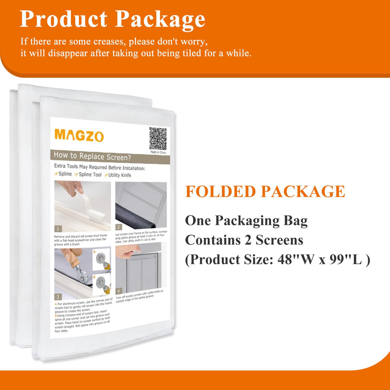 2PACK MAGZO Window Screen Door Replacement Mesh, 48" W x 99" L, Upgraded Polyester, Net Netting Curtain Wire for Camper/Sliding Glass/Patio/French/Balcony/Back Windows Doors, White 1/64"T x 48"W x 99"L