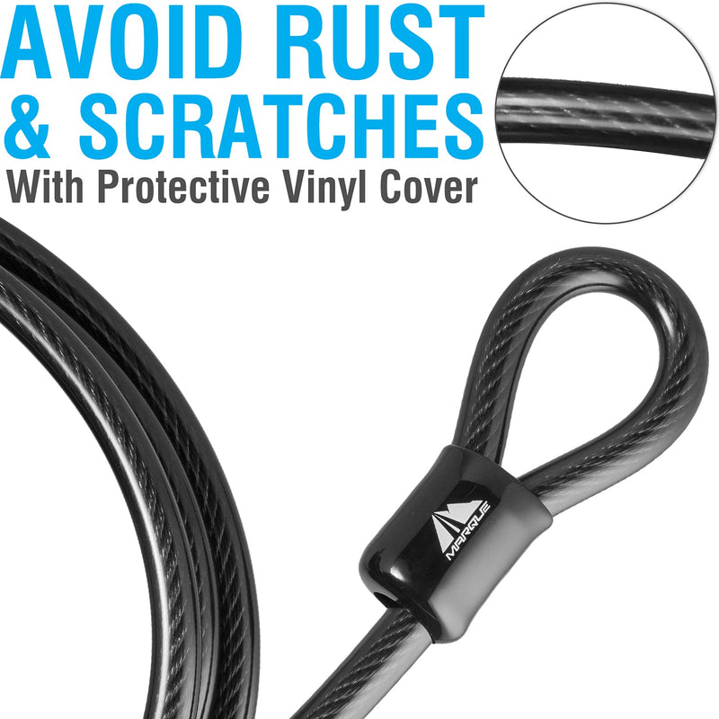 MARQUE Security Steel Cable - 3/8 inch (10 mm) Thick (4', 7', 15', 20' or 30') Vinyl Coated Braided Steel Cable with Double Sealed Looped Ends for U-Lock, Padlock, Disc Lock (15 FT) 15 FT