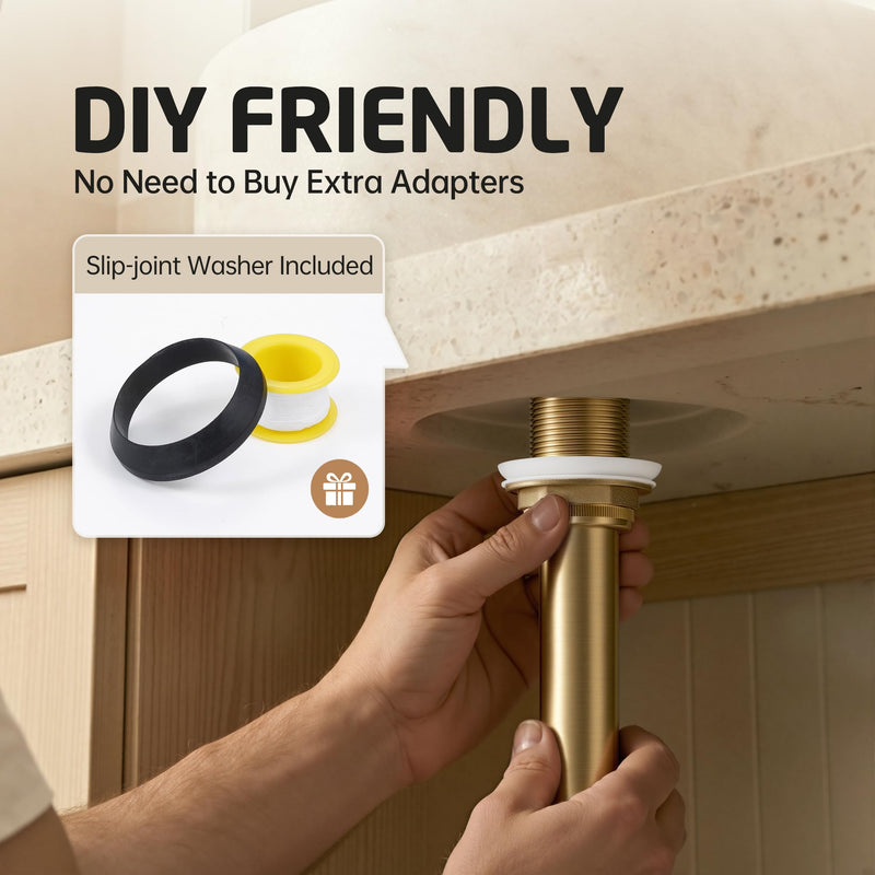 KES All-Metal Pop Up Bathroom Sink Drain, Extended Thread for Thicker Vessel Sinks & Countertops, Durable Brass & Stainless Steel, No Overflow, Brushed Gold, S2022D-BZ NO Overflow, Long Thread