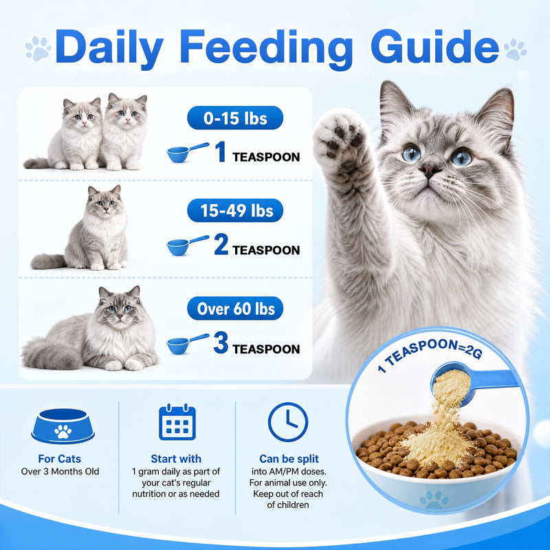 Taurine for Cats, Taurine Supplement, Pure Taurine Powder Supplement for Heart, Vision, Immunity & Daily Vitality, Unflavored, Easy Mix - 200g (40 Servings)