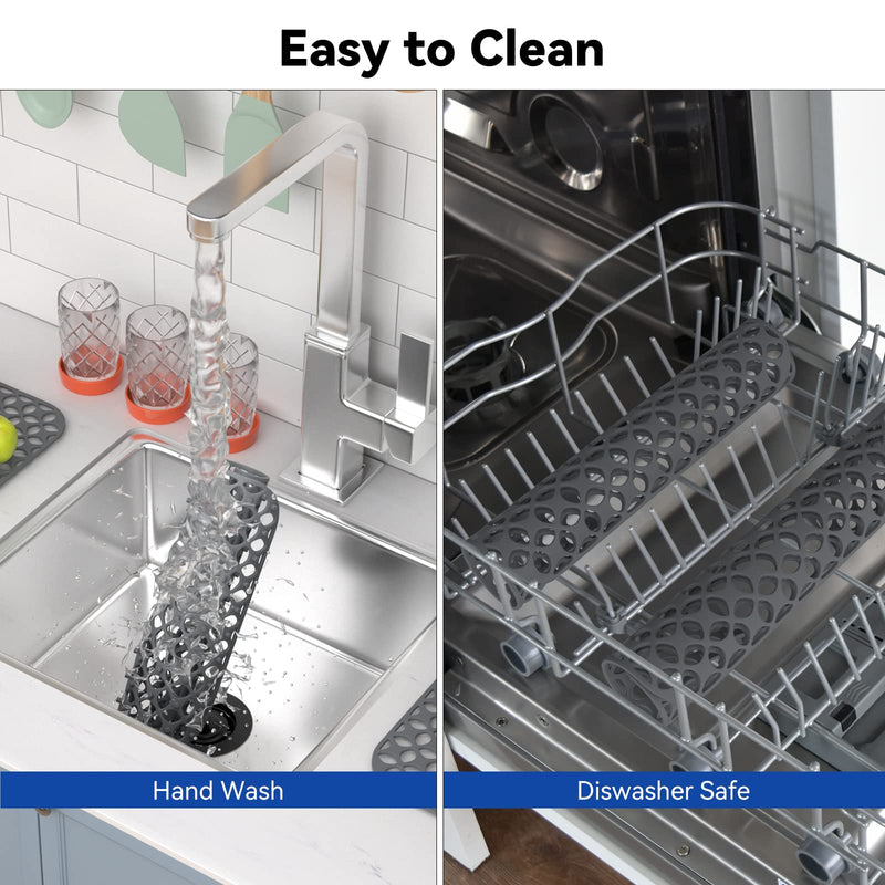 Kitchen Sink Mats, TOOVEM 2PCS Non-Slip Heat Resistant Silicone Sink Protector Mat for Bottom of Stainless Steel Porcelain Sink, Folding Farmhouse Rear Drain Sink Mats, Center Drain Grey-Center Drain-1