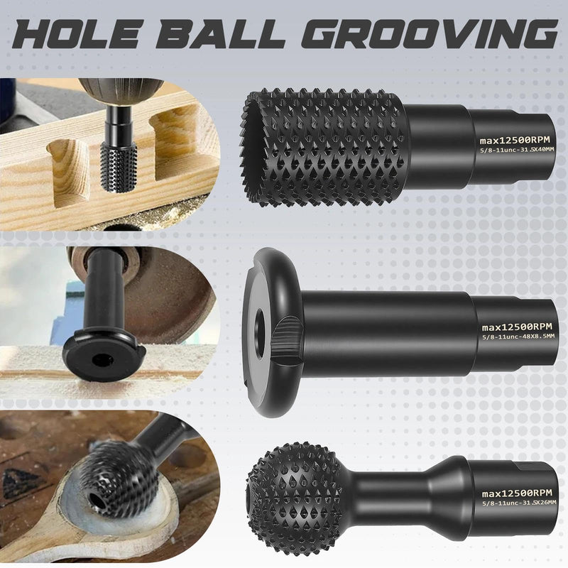 3Pcs Wood Carving Sphere Rotary Burr Set, Ball Gouge with 5/8-11 Thread, 4-1/2" & 5" Angle Grinder Attachments, Carbon Steel Power Carving Tools for Wood Grinding Hollowing Slotting Polishing