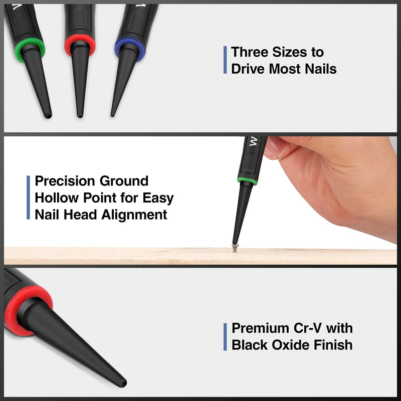 WORKPRO 3-Piece Nail Punch Set, Includes 1/32", 1/16", 3/32" Nail Setter, Color Coded Nail Set Tool with Shock-Absorbing Grip