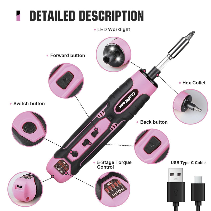 Rechargeable Cordless Electric Screwdriver Set, 28‑Piece Bit Pink
