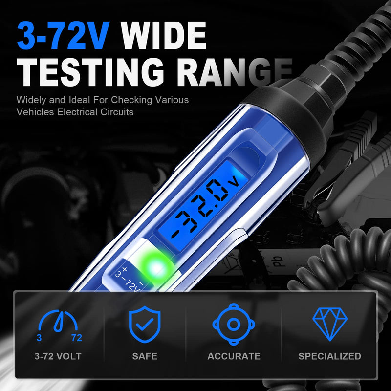 Upgraded 3-72V Automotive Circuit Tester with Voltmeter, Heavy Duty LCD Backlight Display Test Light with 140 Inch Extended Wire & Illumination, Bidirectional DC Voltage Tester Electric Light Test Pen 3-72V LCD Backlight Display