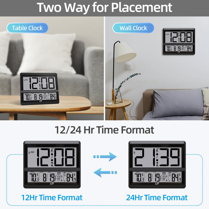 LFF Atomic Clock Large Display, Digital Wall Clock with Indoor Outdoor Temperature and Date, Wireless Outdoor Sensor, Digital Desk Alarm Clock Battery Operated for Bedroom, Easy to Read, Black