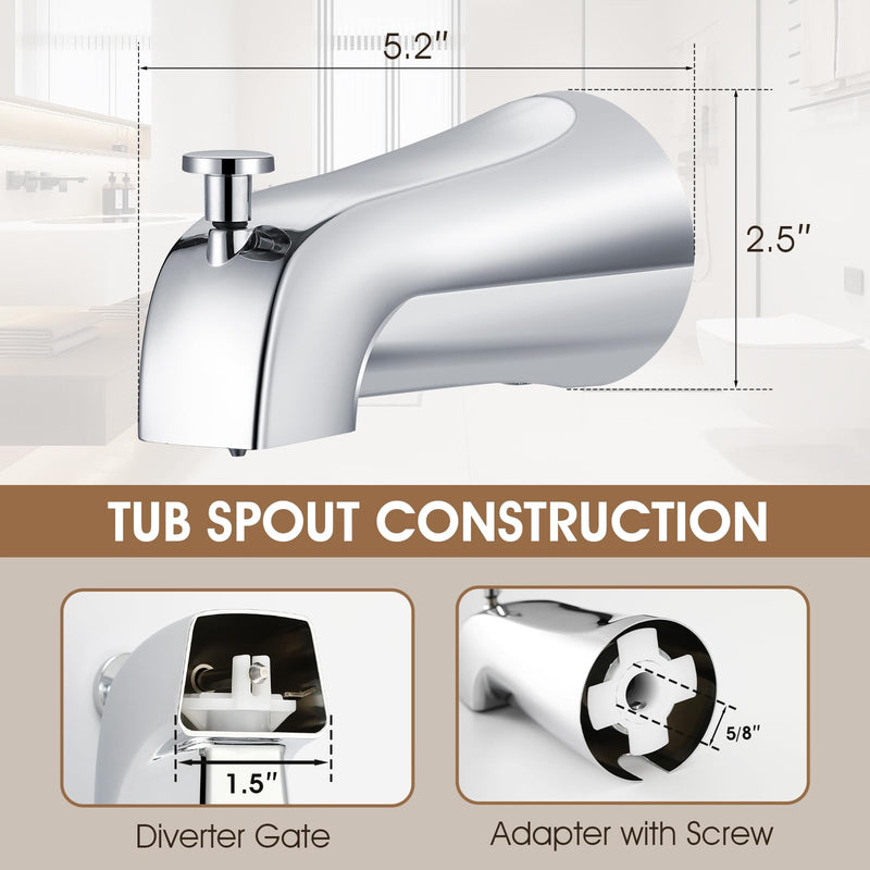 Tub Spout with Diverter,Easy to Install Bathtub Faucet，American Standard Tub Faucet Universal Fits 1/2" Copper Pipe(5/8" Diameter),Chrome