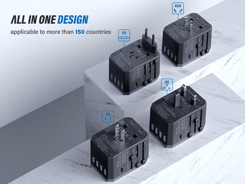 EPICKA Universal Travel Adapter One International Wall Charger AC Plug Adaptor with 5.6A Smart Power and 3.0A USB Type-C for USA EU UK AUS (TA-105, Grey) 1