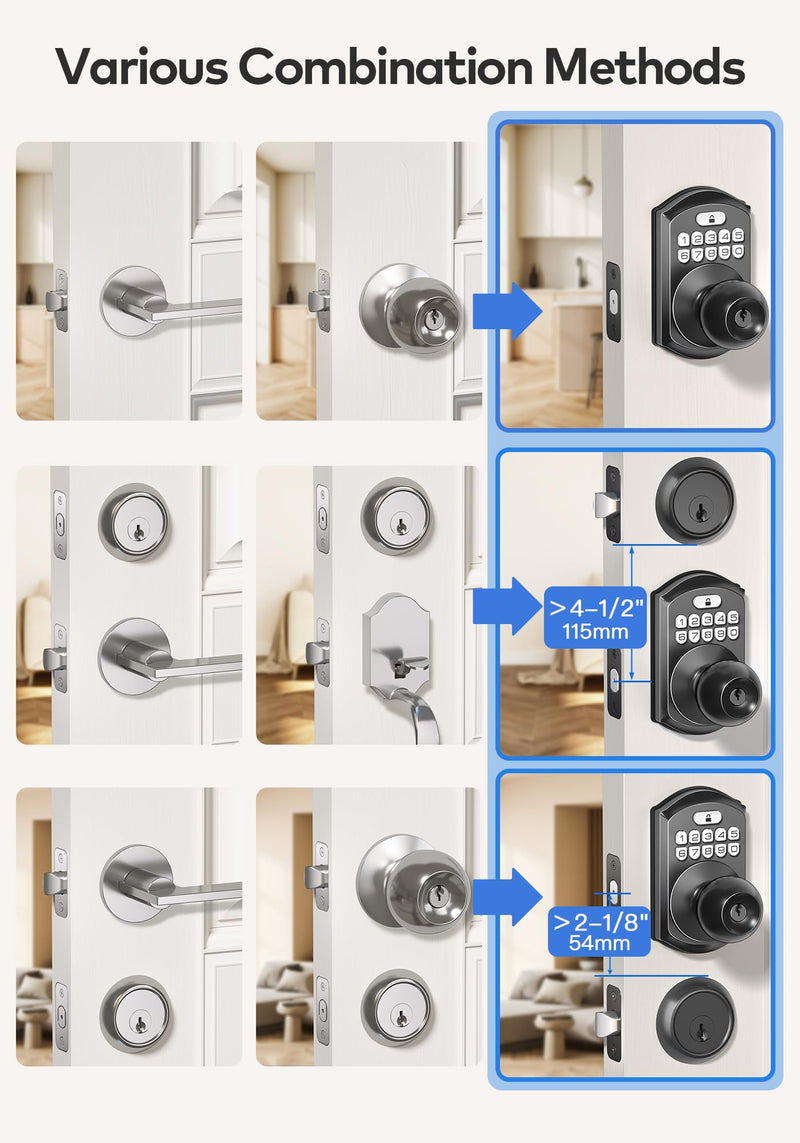 TEEHO TE003 Keyless Entry Keypad Door Lock with Handle, Electronic Digital Smart Locks for Front Door, Smart Door Knob with Code for Bedroom with Interior Locks, Auto Lock, Passage Mode, Matte Black