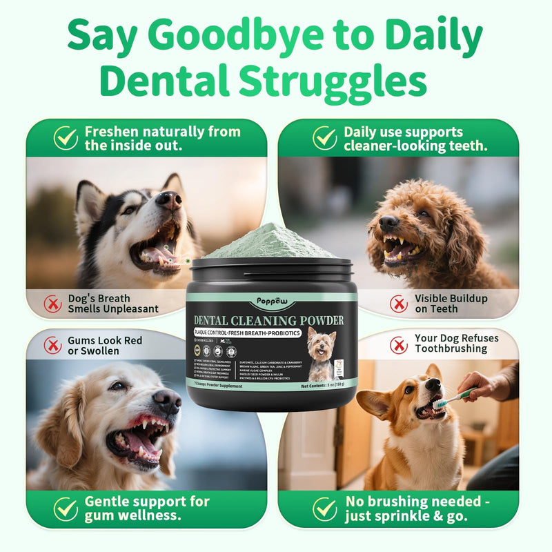 Dog Dental Powder, Dog Teeth Cleaning Powder with 6B CFU Probiotics, Enzymes & Antioxidants, Fresh Breath Support, Plaque & Tartar Off, No Brushing Oral Care - 75 Servings, Mint Chicken Flavor