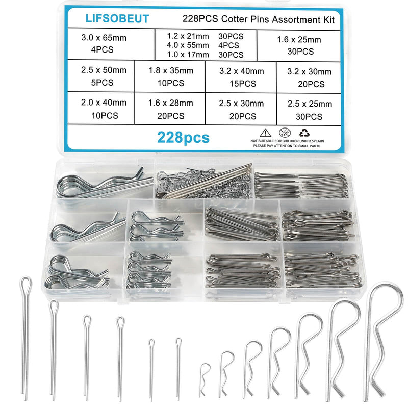 228PCS Cotter Pins Assortment, Hardware Pins, Lock Pin, Split Pins, Retaining Pins R Clips, Stainless Steel Heavy Duty Straight & R Cotter Pins Set for Use On Hitch Pin Lock Systems