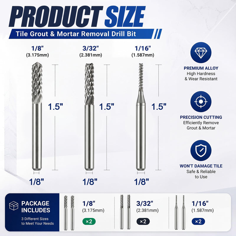 Flutesan 6 Pack Grout Removal Bit Set 1/8-inch 3/32-inch 1/16-inch Grout Removal Tool Carbide Drill Bit for Regrout Bathroom, Kitchen, Floor Tile