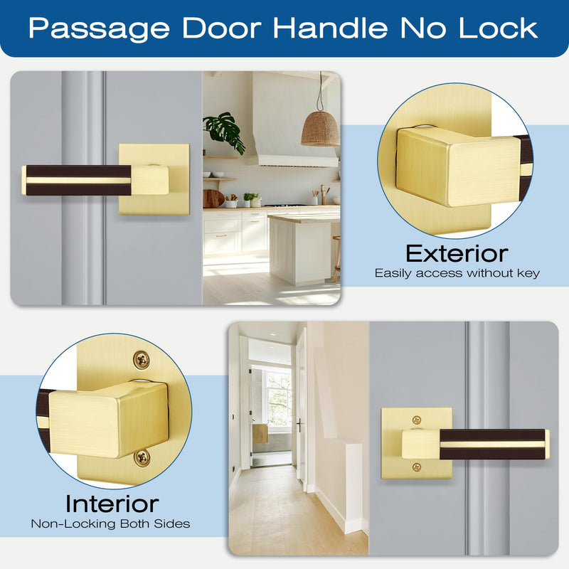 EHOMEWARE 1 Pack Gold Door Lever with Bronze Leather Handle, Brass Interior Door Handle Passage Door Lever for Hallway Closet, Heavy Duty Door Knob with Universal Handling Passage Door Handle - No Key