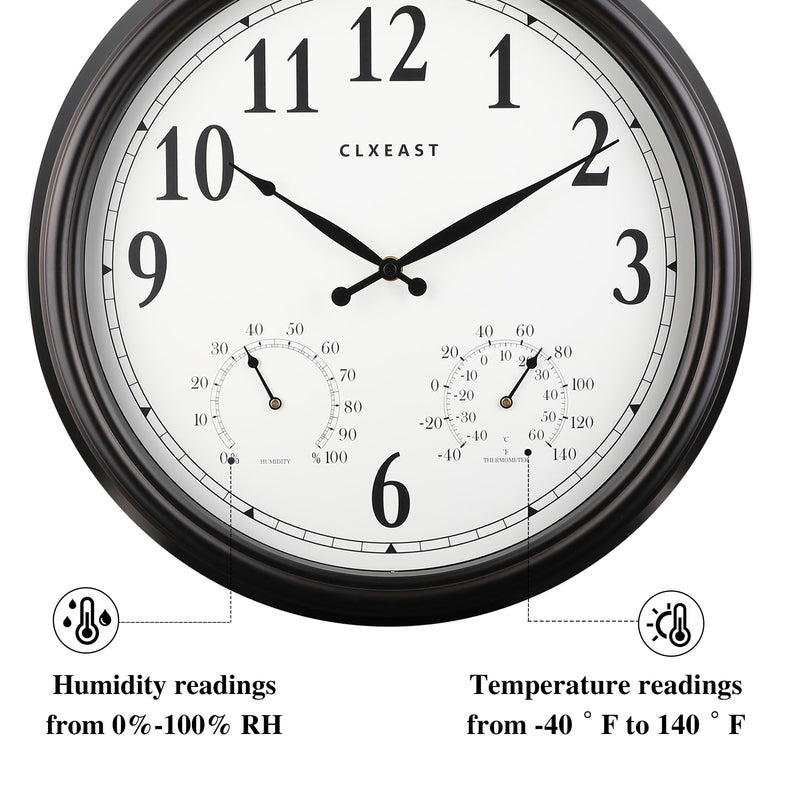 CLXEAST Indoor Outdoor Clocks Waterproof 16 Inch, Large Outdoor Clock with Temperature and Humidity for Patio,Porch,Pool,Oil Rubbed Bronze Black Finish,House Warming Gifts New Home Oil Rubbed Bronze Black