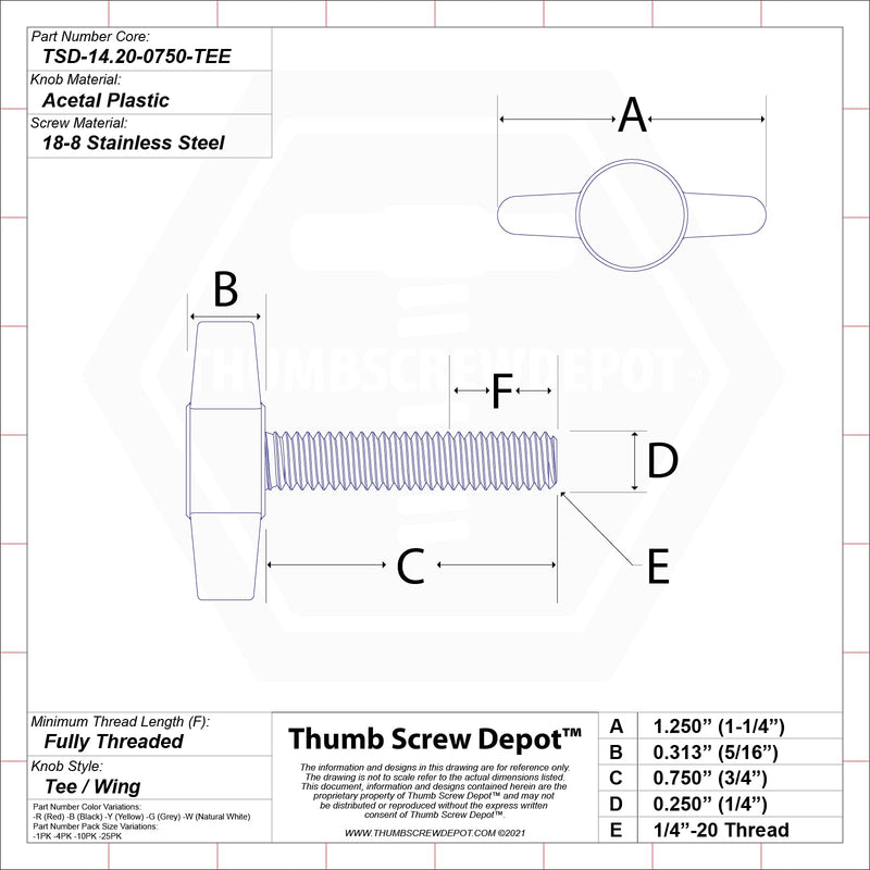 1/4"-20 x 3/4" Thumb Screw Stainless Steel - Black Tee Wing Plastic Knob - Standard/Coarse Thread Thumbscrew - Length: 0.750" - Proudly Built in USA - Package of (4) 4
