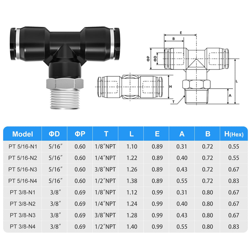 TAILONZ PNEUMATIC Male Branch Tee 3/8 Inch Tube OD x 3/8 Inch NPT Thread Push to Connect Fittings PT-3/8-N3 (Pack of 10) 3/8"OD x 3/8"MNPT