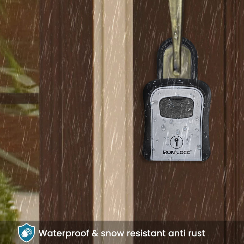 Iron Lock® - Key Lock Box Portable and Wall Mounted with Removable Shackle Indoor Outdoor Waterproof 4 Digit Combination with Resettable Code with A B Switch Key Lockbox for Outside Hold 5 Spare Keys Gray Medium-U