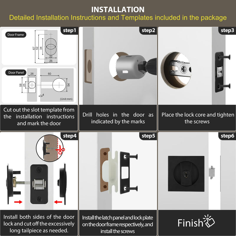 Pocket Door Lock with Key, Matte Black Pocket Door Hardware Square Door Lock for Privacy Sliding Door Bifold Door Locks Pocket Door Pull Handles Replacement Hardware Entry (with Key) -Square