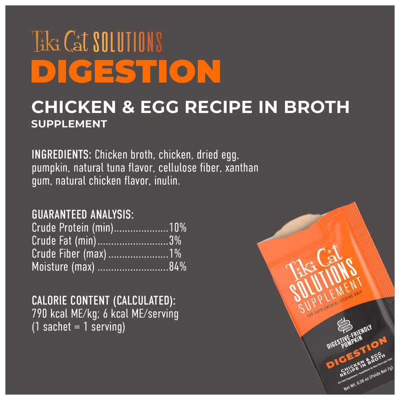 Tiki Cat Solutions Supplements Digestion Mousse, Chicken & Egg in Broth, Formulated to Support Healthy Digestion, Functional Cat Food Supplement, 5.6 oz. Pouch (Pack of 20)