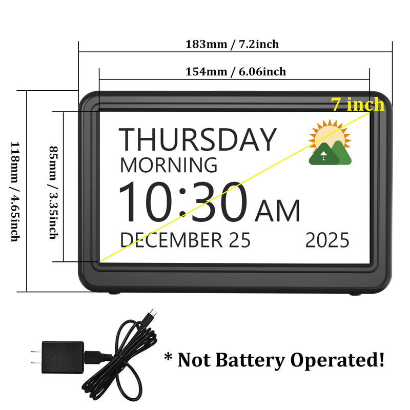 Clock with Day and Date for Elderly, 7" Large Display Digital Calendar Day Clock with 20 Custom Alarms and Medicine Reminders, Dimmable Dementia Alzheimers Clocks for Seniors, Black (Ac Powered) AC Powered