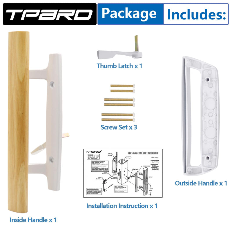 Sliding Glass Patio Door Handle Replacement Set with Oak Wood Inside Handles and Zinc Diecast Outside Pull, 3-15/16" Hole Spacing, Non-Handed, White White Handles Only