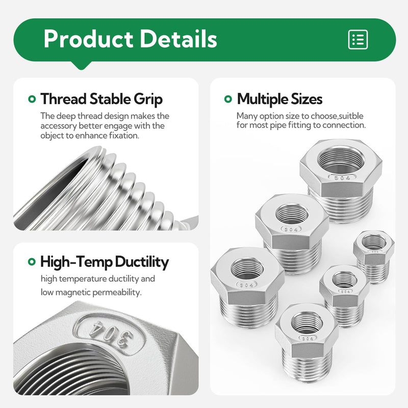 TAISHER 24PCS 304 Stainless Steel Reducer Hex Bushing Fitting Kit，Thread Pipe Adapter Fitting Assorted 24