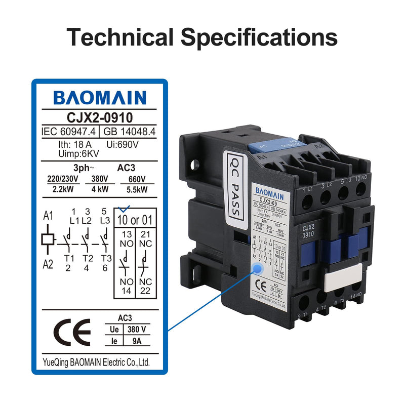 Baomain 3-Pole AC Contactor CJX2-0910 – 110VAC Coil, 3NO+1NO Auxiliary, 660V 3-Phase, DIN Rail Mount,for Motor Starters, Pumps, and Industrial Control Panels 1 AC 110V