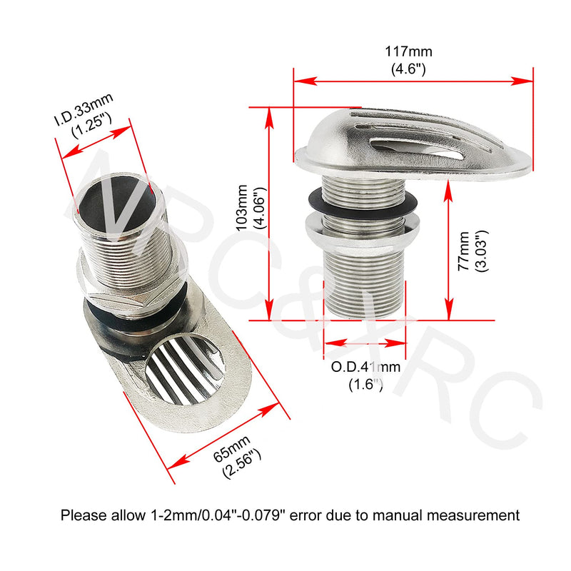 NRC&XRC Marine Grade Stainless Steel 316 Boat Intake Strainer Threaded Thru-Hull Inlet Filter Scoop with Rubber Washer Gaskets I.D. 1.25IN