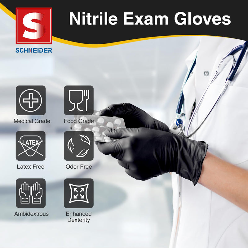 Schneider Nitrile Exam Gloves, Black Latex Free Powder Free Disposable Gloves for Medical, Cooking, Cleaning, and Food Prep 100 Medium